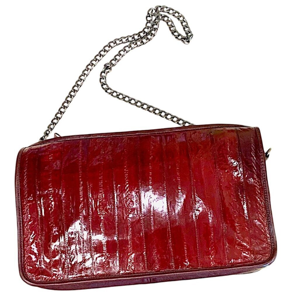 Eel Skin Handbag Rectangular Clutch Crossbody Dark Cherry w/Chain-link Strap